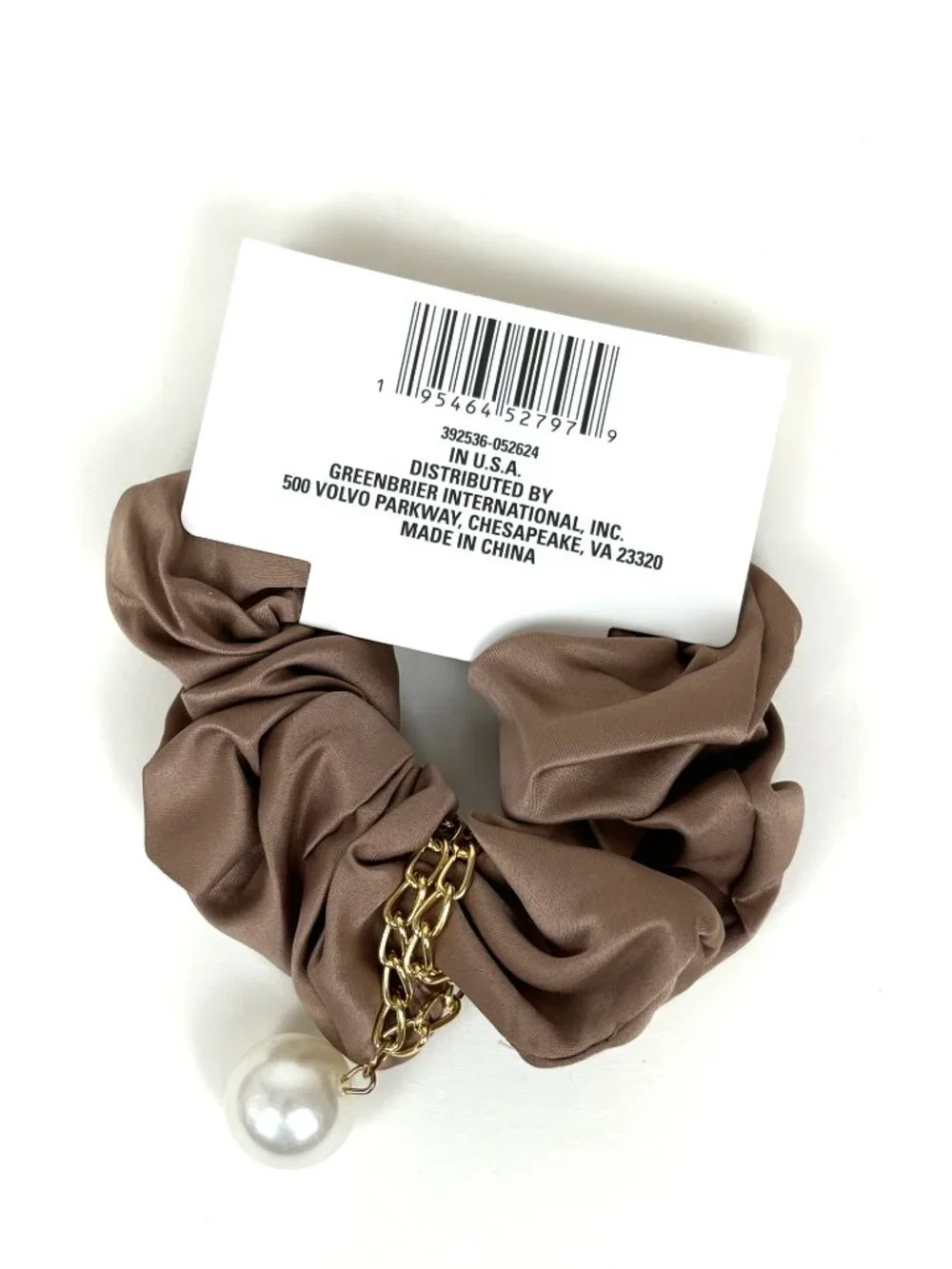 Taupe / brown satin hair scrunchie with a gold chain and hanging pearl charm New
